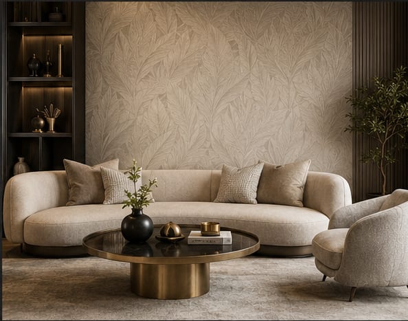 Bej yaprak desenli duvar kağıdı uygulanmış salon