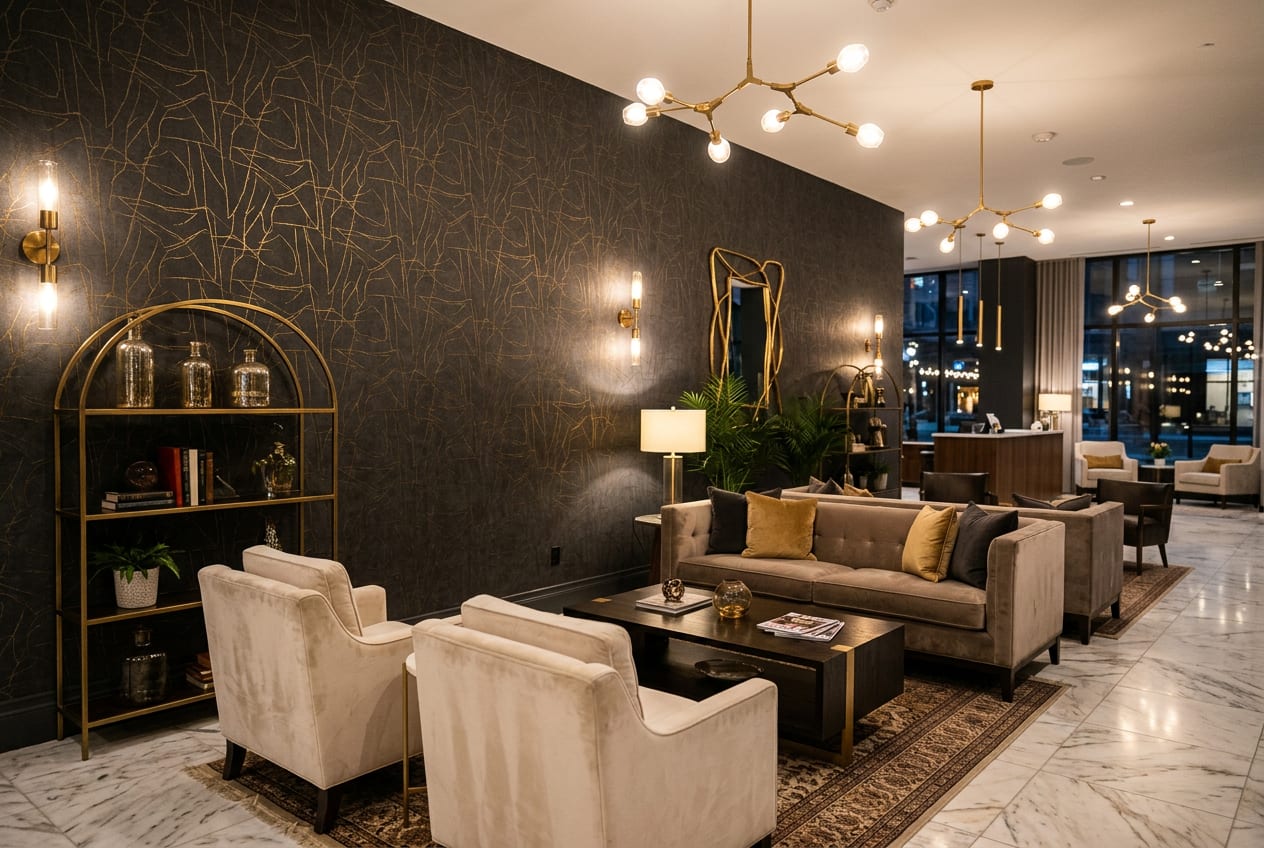 Koyu duvar kağıdı uygulanmış otel lobisi