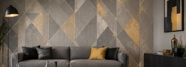 Gri ve altın tonlarında geometrik desenli duvar kağıdı uygulanmış oturma alanı