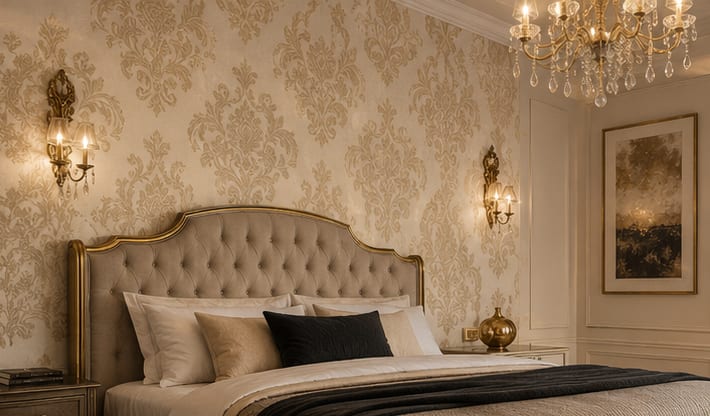 Şampanya tonlarında damask desenli duvar kağıdı uygulanmış klasik yatak odası
