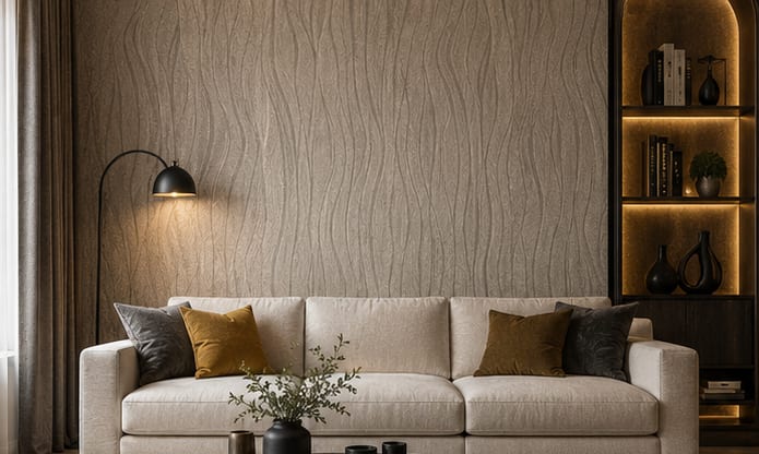 Vizon tonlarında dalga dokulu duvar kağıdı uygulanmış modern salon